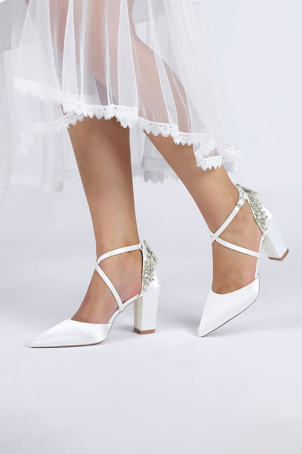 White Satin Pump with Cross - Strap and Metal Accent - KissProm