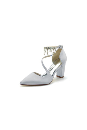 White Satin Pump with Pearl - Embedded Chain Heel - KissProm