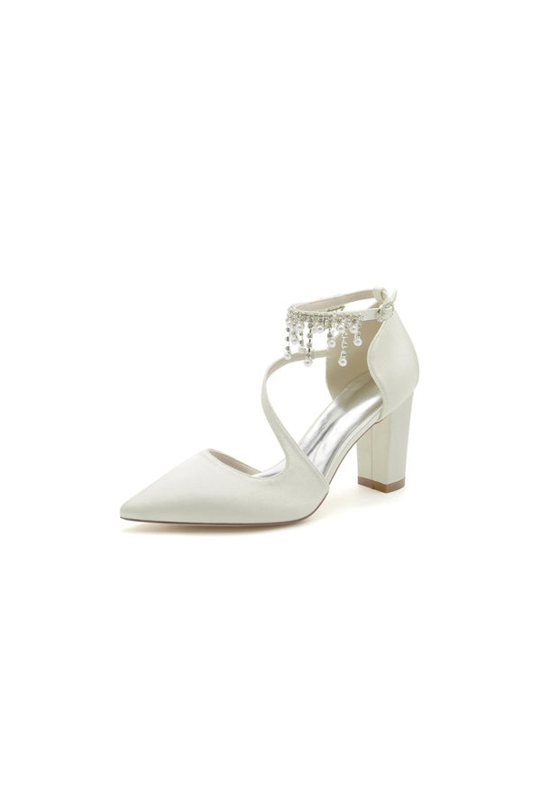 White Satin Pump with Pearl - Embedded Chain Heel - KissProm