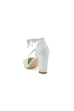 White Satin Pump with Pearl - Embedded Chain Heel - KissProm