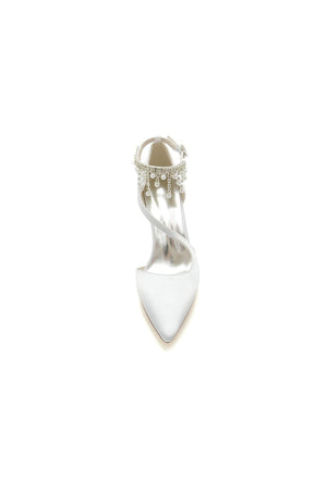 White Satin Pump with Pearl - Embedded Chain Heel - KissProm
