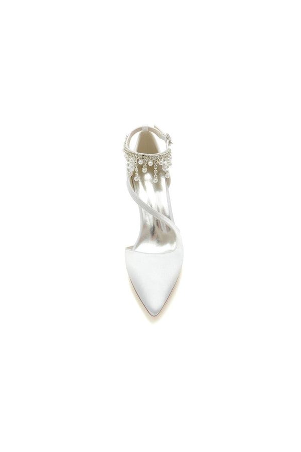 White Satin Pump with Pearl - Embedded Chain Heel - KissProm