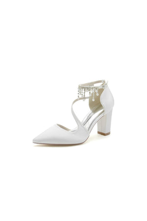 White Satin Pump with Pearl - Embedded Chain Heel - KissProm
