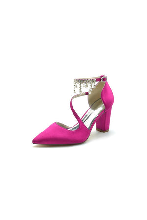 White Satin Pump with Pearl - Embedded Chain Heel - KissProm