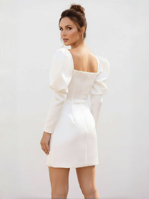 White Satin Short Wedding Dress with Puff Sleeves - KissProm