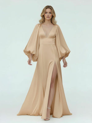Clover | White Satin Simple A - Line Long Wedding Dress with Slit - KissProm