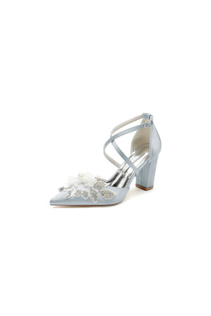 White Silk Pump with Handcrafted Flower and Crystal Embellishments - KissProm