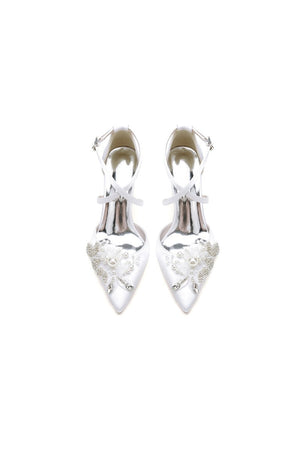 White Silk Pump with Handcrafted Flower and Crystal Embellishments - KissProm