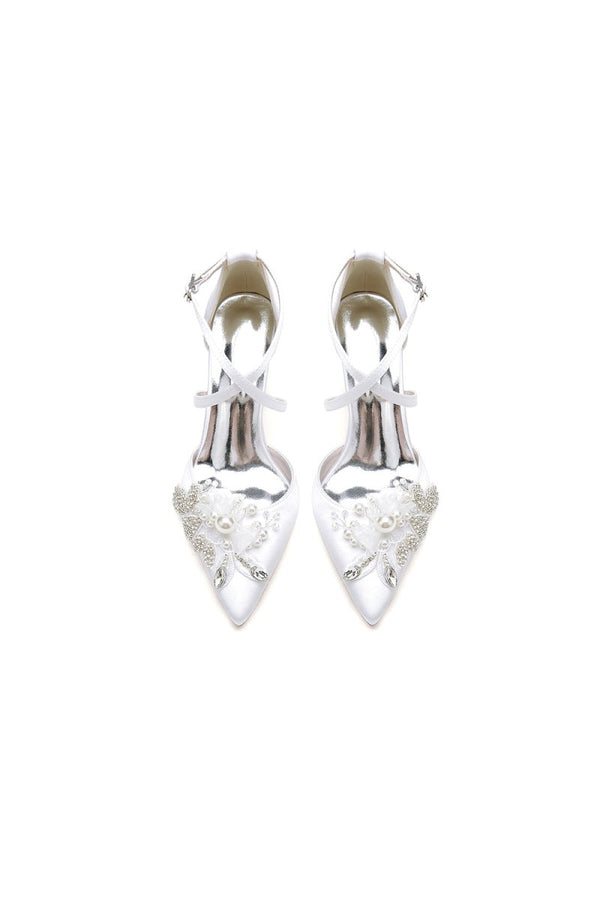 White Silk Pump with Handcrafted Flower and Crystal Embellishments - KissProm