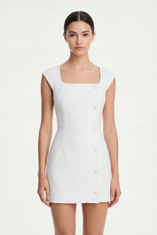 White Square Neck Sheath Graduation Dress With Button - KissProm