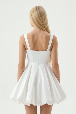 White Square Neck Taffeta A - Line Mini Graduation Dress - KissProm