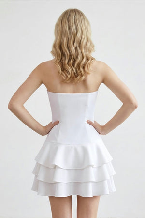 White Strapless A - Line Tiered Graduation Dress - KissProm