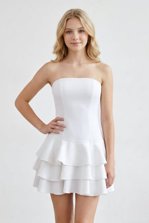 White Strapless A - Line Tiered Graduation Dress - KissProm