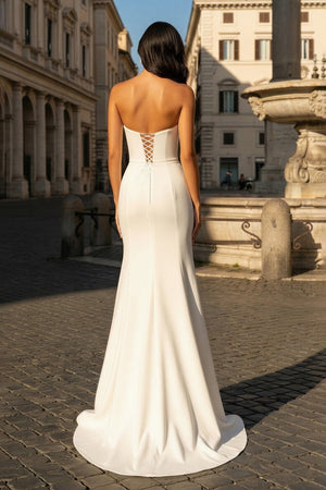 White Sweetheart V Neck Long Prom Dress With Slit - KissProm