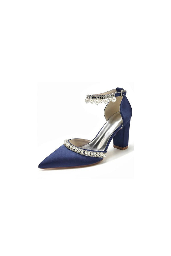 Women's Wedding Shoes Satin Block Heel Pearl Rhinestone Tassel Wedding Shoes - KissProm