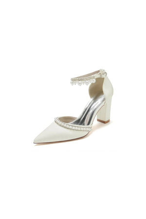 Women's Wedding Shoes Satin Block Heel Pearl Rhinestone Tassel Wedding Shoes - KissProm