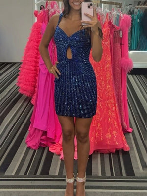 Xyala | Royal Blue - Satin Spaghetti Straps Beaded Homecoming Dress With Keyhole