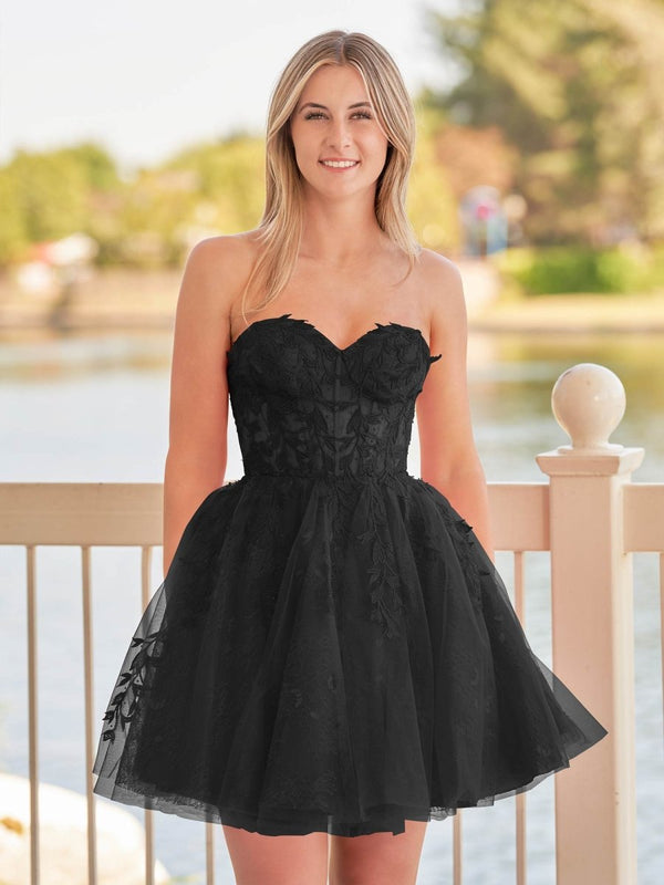 Yasmin | A - line Red Sweetheart Appliques Lace Homecoming Dress With Corset Back - KissProm
