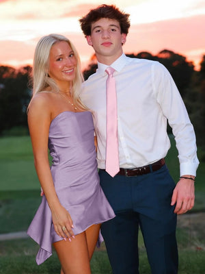 Yavanna | Lilac - Strapless Sheath Irregular Hem Satin Short Homecoming Dress