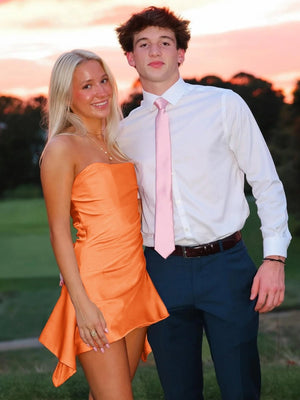 Yavanna | Orange - Strapless Sheath Irregular Hem Satin Short Homecoming Dress