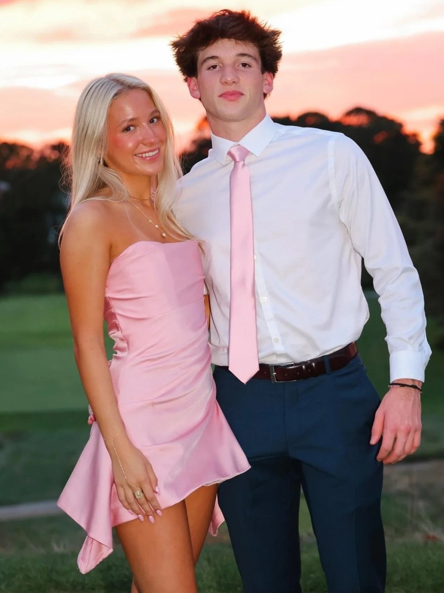 Pink - Strapless Sheath Irregular Hem Satin Short Homecoming & Cocktail Dress – Homecoming Dress by KissProm | Available at KissProm