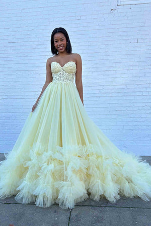 Romy | Red Tulle Appliques Sweetheart Ruffle Long Prom Dress