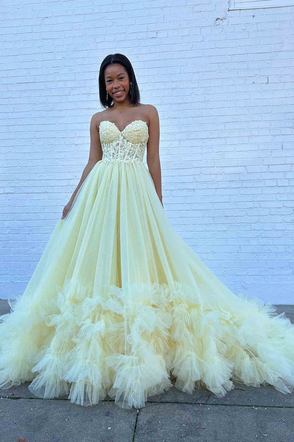 Romy | Red Tulle Appliques Sweetheart Ruffle Long Prom Dress