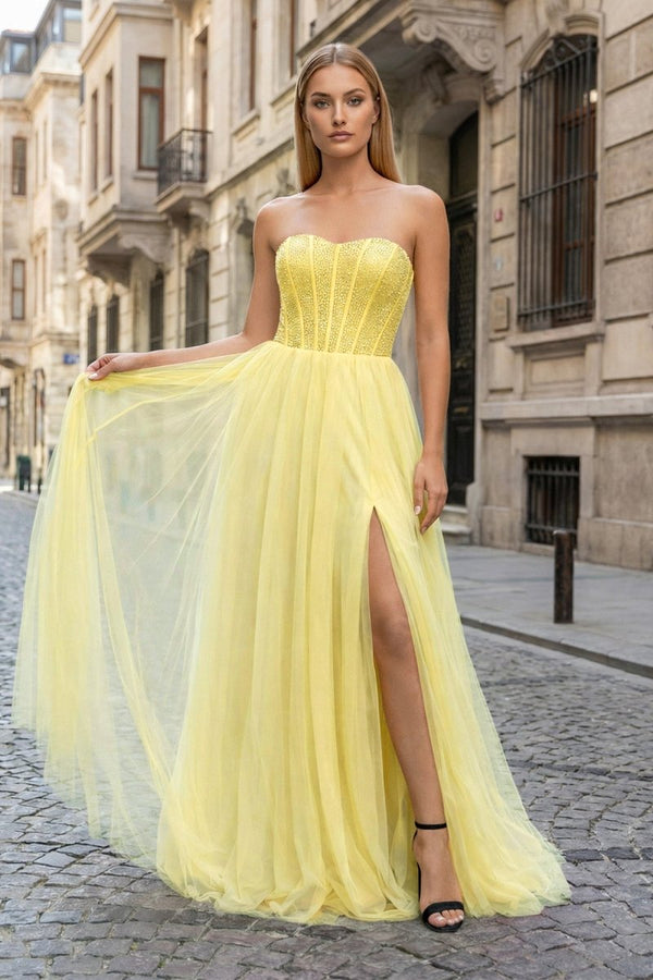 A - Line Sweetheart Beads Empire - Waist Sleeveless Prom Dress With Slit - KissProm