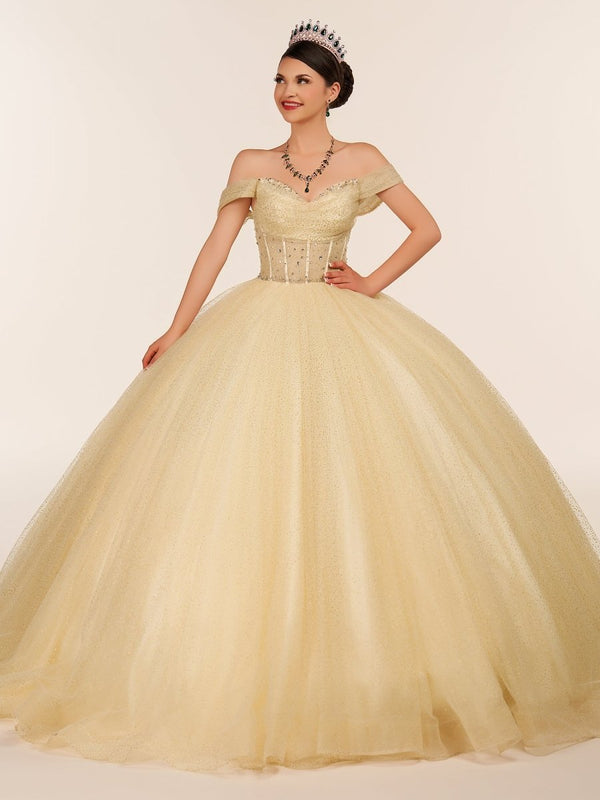 Yellow Ball Gown Tulle Off - the - Shoulder Quincenara Dresses - KissProm