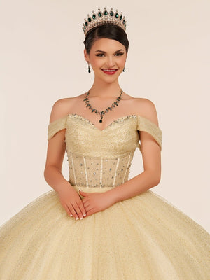 Yellow Ball Gown Tulle Off - the - Shoulder Quincenara Dresses - KissProm