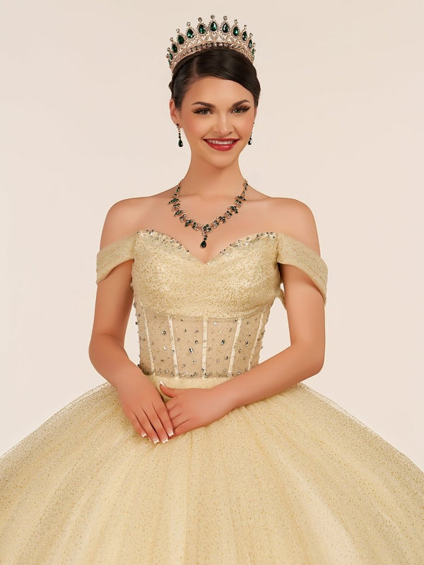 Yellow Ball Gown Tulle Off - the - Shoulder Quincenara Dresses - KissProm