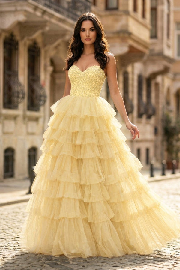 Spaghetti Straps Sweetheart Layered Tulle Formal Prom Dress with Slit - KissProm