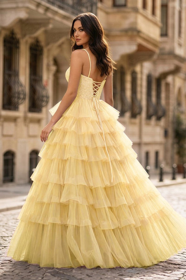 Spaghetti Straps Sweetheart Layered Tulle Formal Prom Dress with Slit - KissProm