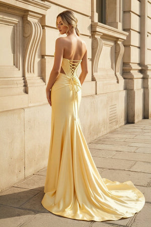 Yellow Sweetheart Mermaid Satin Beaded Long Prom Dresses With Slit – Prom Dress by KissProm | Available at KissProm