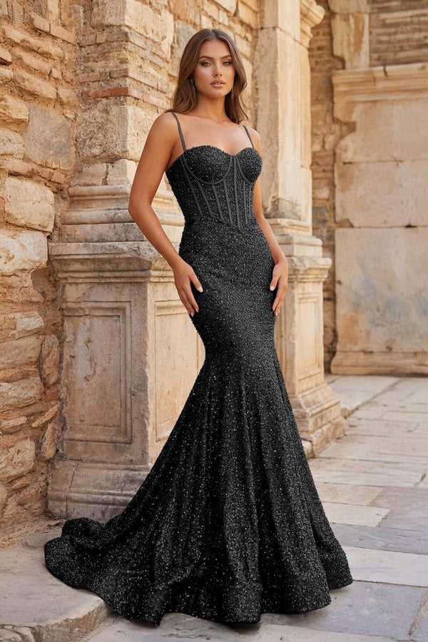 Mermaid Spaghetti Straps Sky Blue Sequins Prom Dresses - KissProm