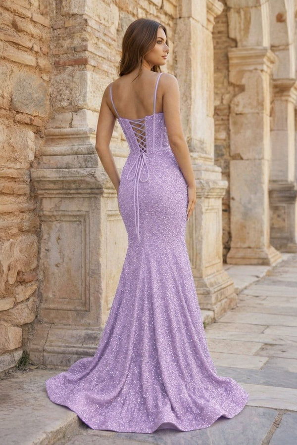 Mermaid Spaghetti Straps Sky Blue Sequins Prom Dresses - KissProm