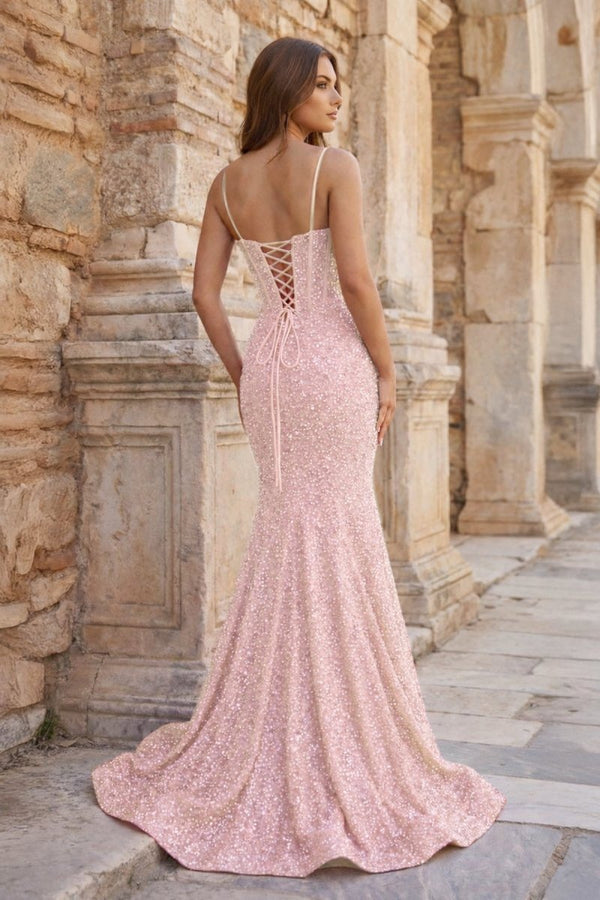 Mermaid Spaghetti Straps Sky Blue Sequins Prom Dresses - KissProm