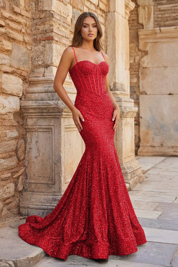 Mermaid Spaghetti Straps Sky Blue Sequins Prom Dresses - KissProm