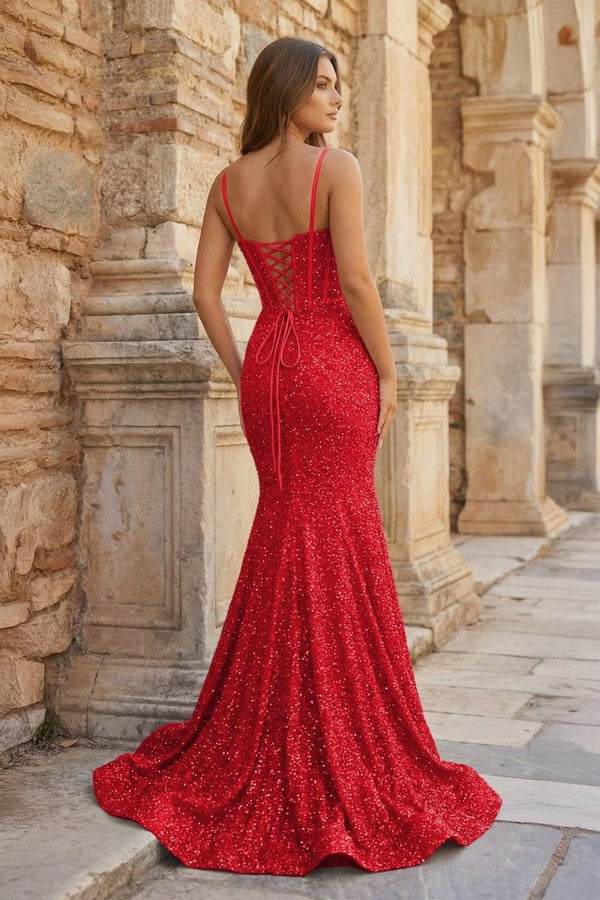 Mermaid Spaghetti Straps Sky Blue Sequins Prom Dresses - KissProm