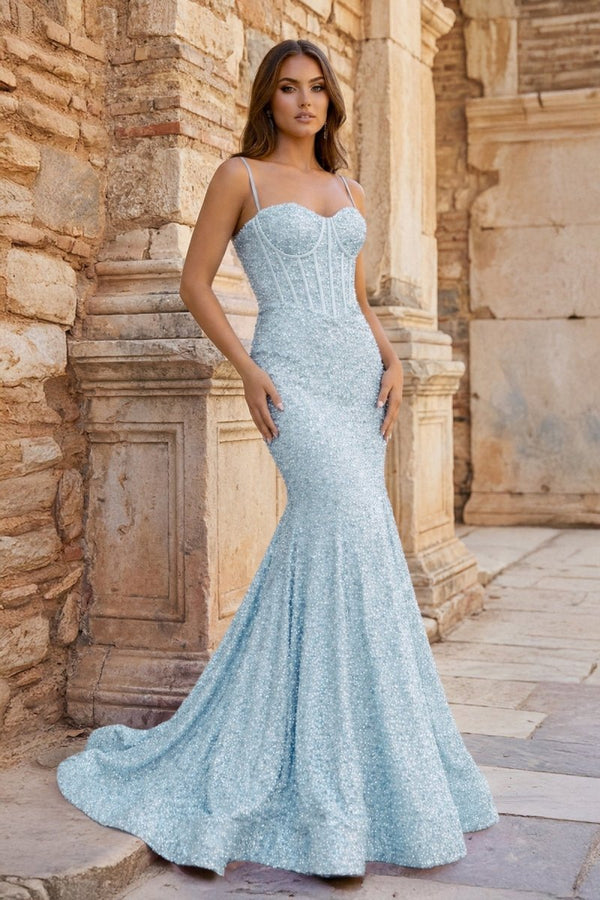Mermaid Spaghetti Straps Sky Blue Sequins Prom Dresses - KissProm