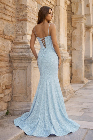 Mermaid Spaghetti Straps Sky Blue Sequins Prom Dresses - KissProm