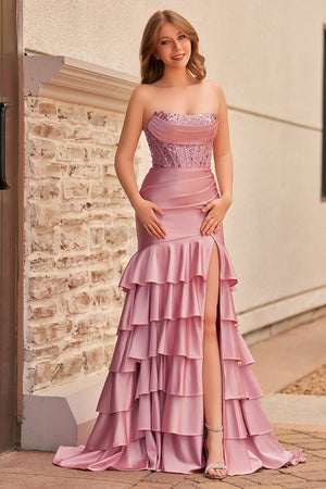 Charming Mermaid Strapless Pink Satin Long Prom Dresses with Appliques – Prom Dresses by KissProm | Available at KissProm