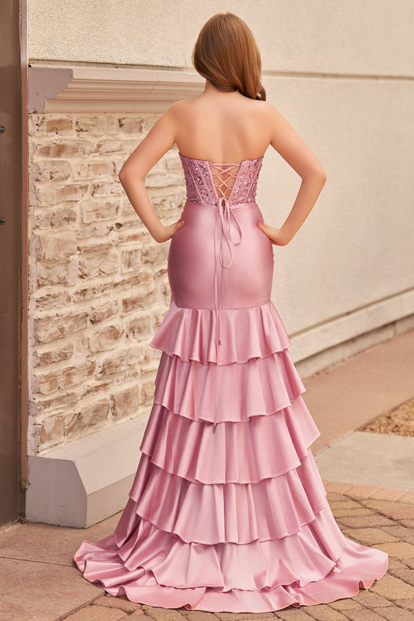 Charming Mermaid Strapless Pink Satin Long Prom Dresses with Appliques – Prom Dresses by KissProm | Available at KissProm