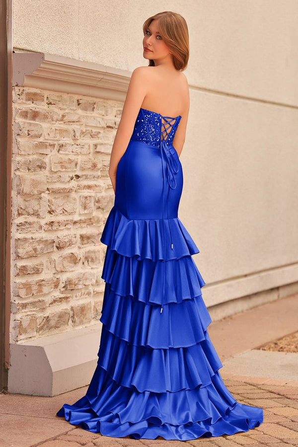 Charming Mermaid Strapless Pink Satin Long Prom Dresses with Appliques – Prom Dresses by KissProm | Available at KissProm