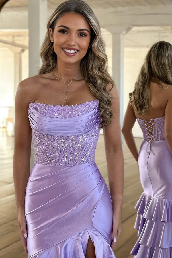 Charming Mermaid Strapless Pink Satin Long Prom Dresses with Appliques – Prom Dresses by KissProm | Available at KissProm