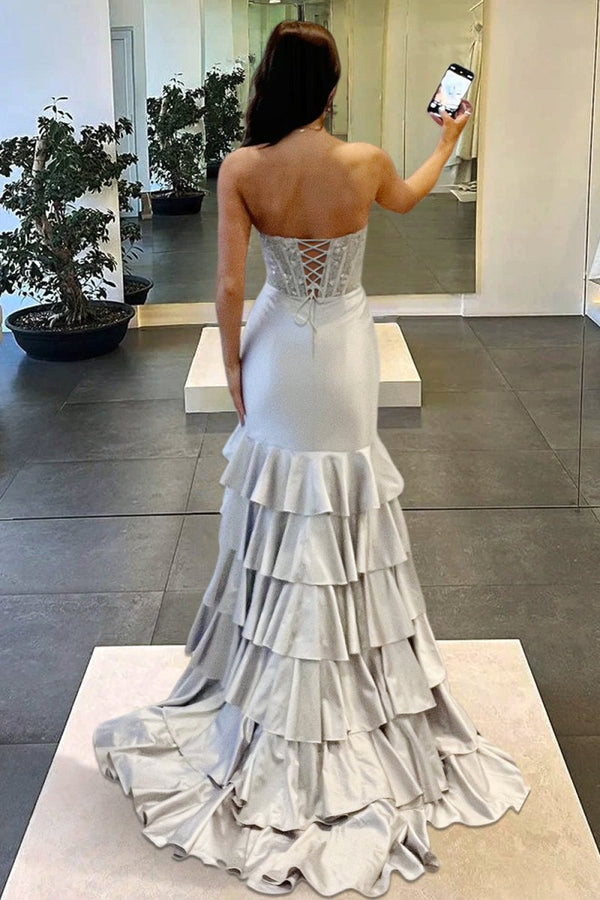 Charming Mermaid Strapless Pink Satin Long Prom Dresses with Appliques – Prom Dresses by KissProm | Available at KissProm