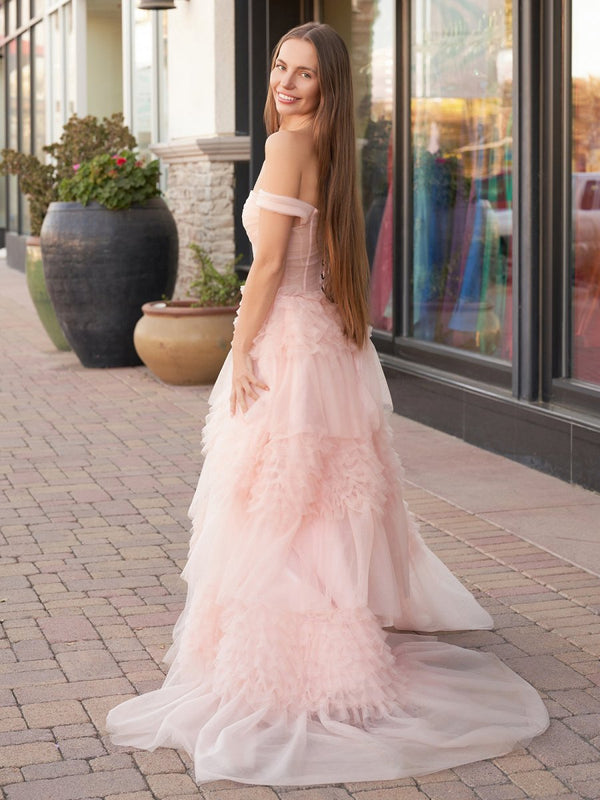 Zariah | Blush Princess A line Off Shoulder Ruffled Tulle Prom Dress