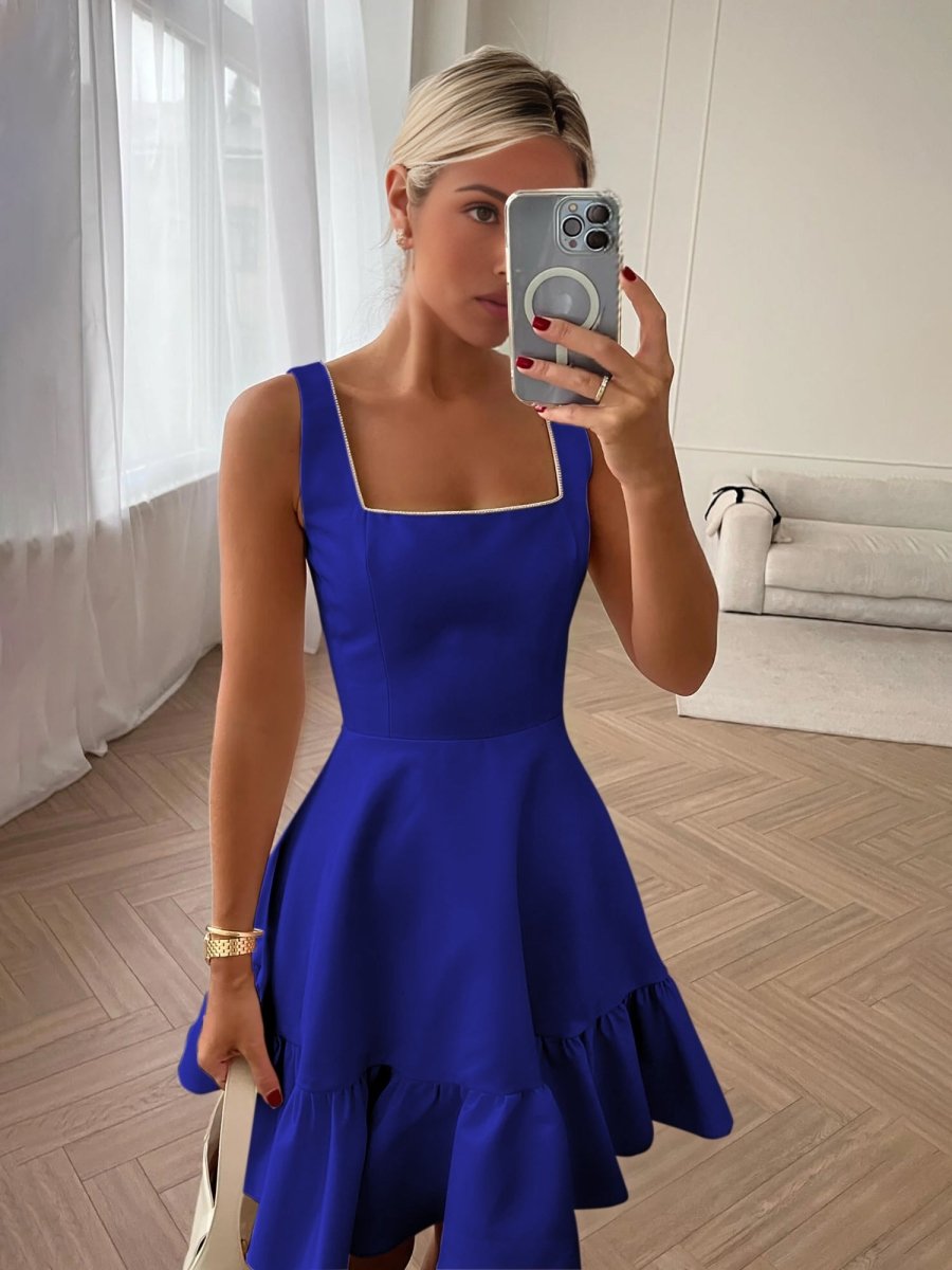 Zinovia | White - A Line Satin Square Neck Ruffles Short Homecoming Dresses