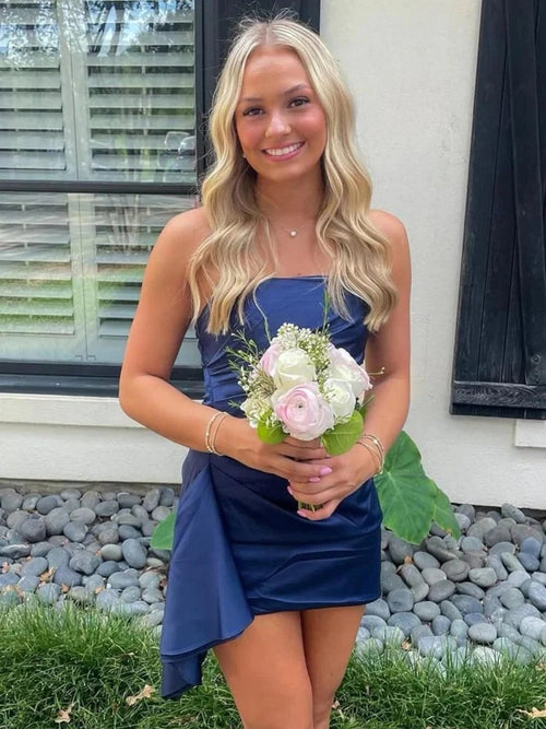 Zira | Navy Blue - Sheath Strapless Satin Short Homecoming Dresses