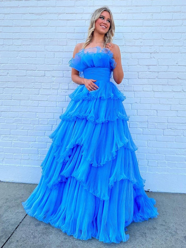 Vanessa |Strapless A-Line Tiered Crinkled Tulle Prom Dress